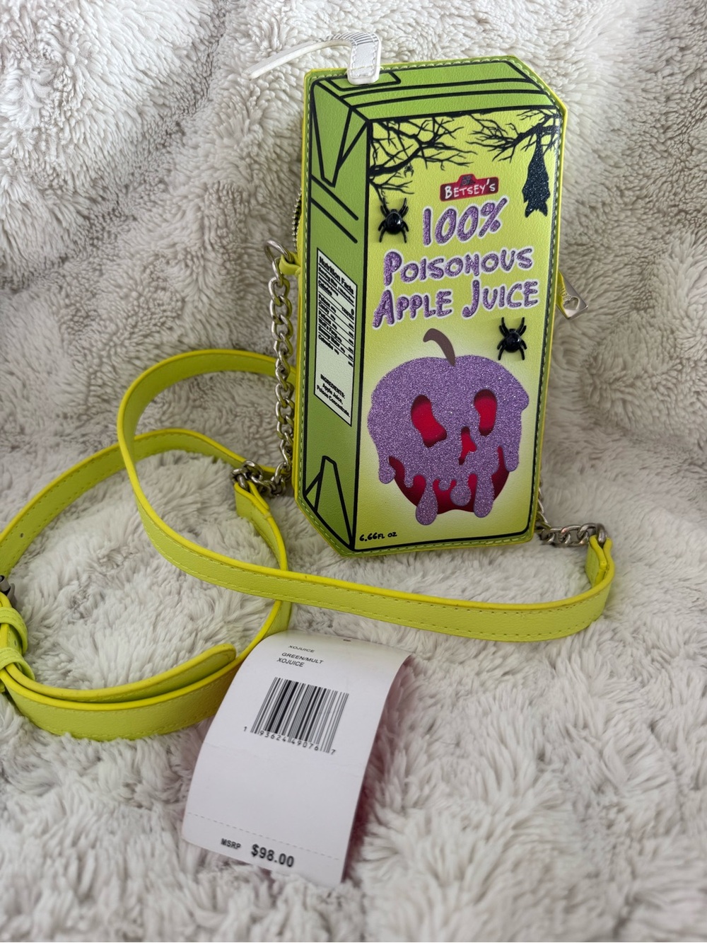 Betsey Johnson Lime Green Novelty Poisonous Apple Crossbody with Purple Glitter